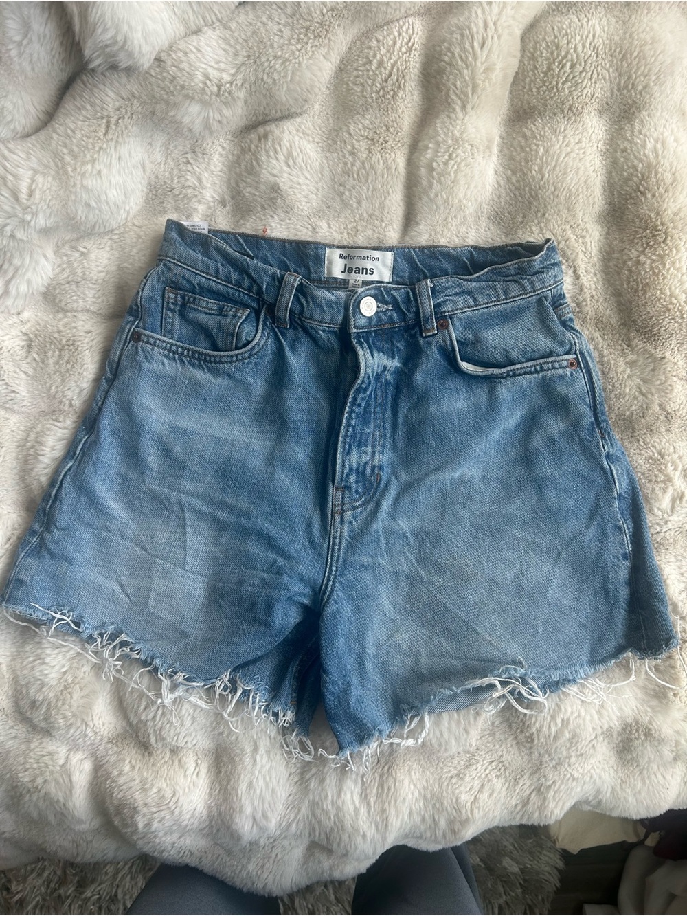 Reformation Blue Denim Cutoff Shorts with Frayed Hem